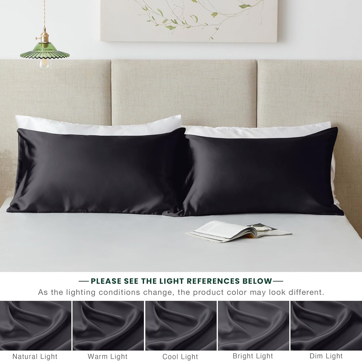 Satin Pillowcase for Hair and Skin, Similar to Silk Pillow Cases for Women, Pillow Case Queen Size Set of 2, Satin Cooling Pillow Cover with Envelope Closure, 20X30 Inches, Black