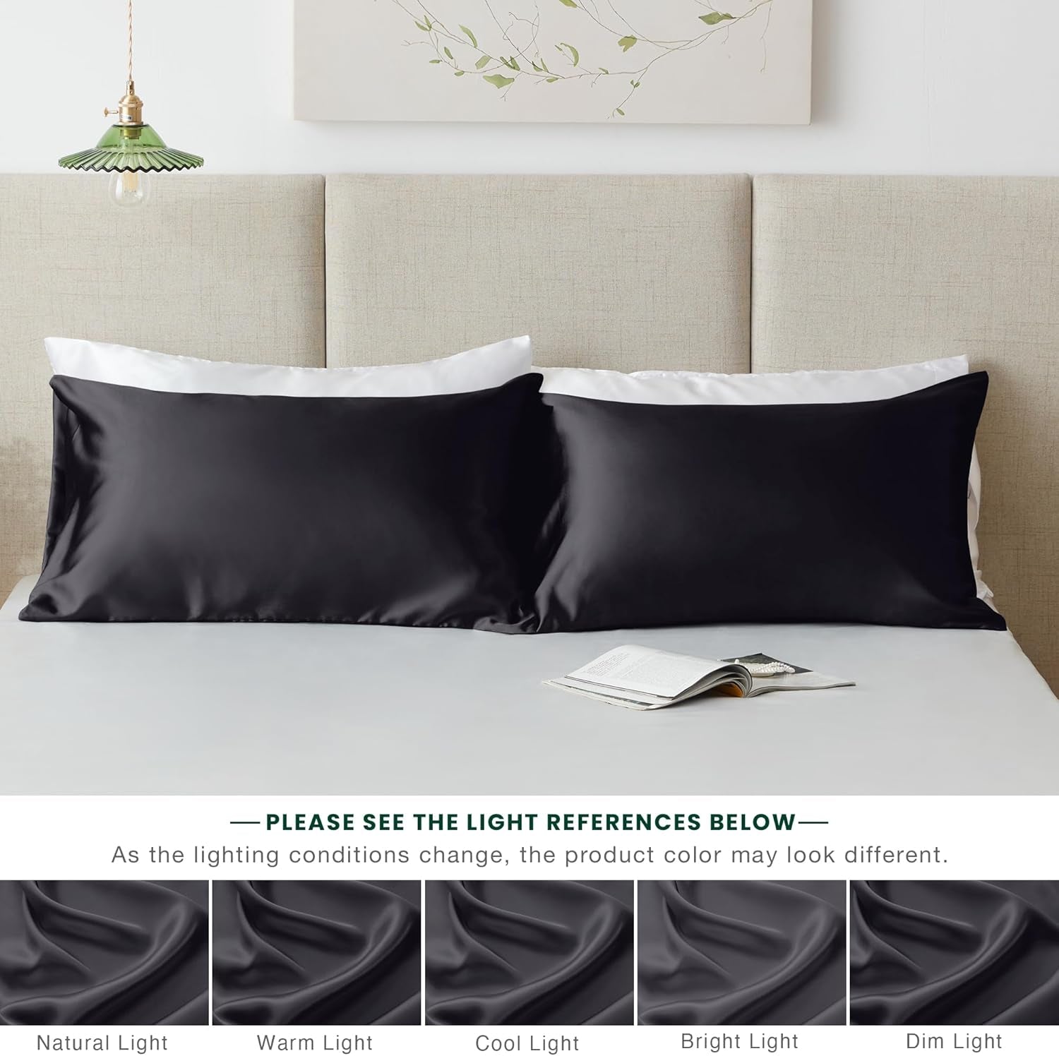 Satin Pillowcase for Hair and Skin, Similar to Silk Pillow Cases for Women, Pillow Case Queen Size Set of 2, Satin Cooling Pillow Cover with Envelope Closure, 20X30 Inches, Black
