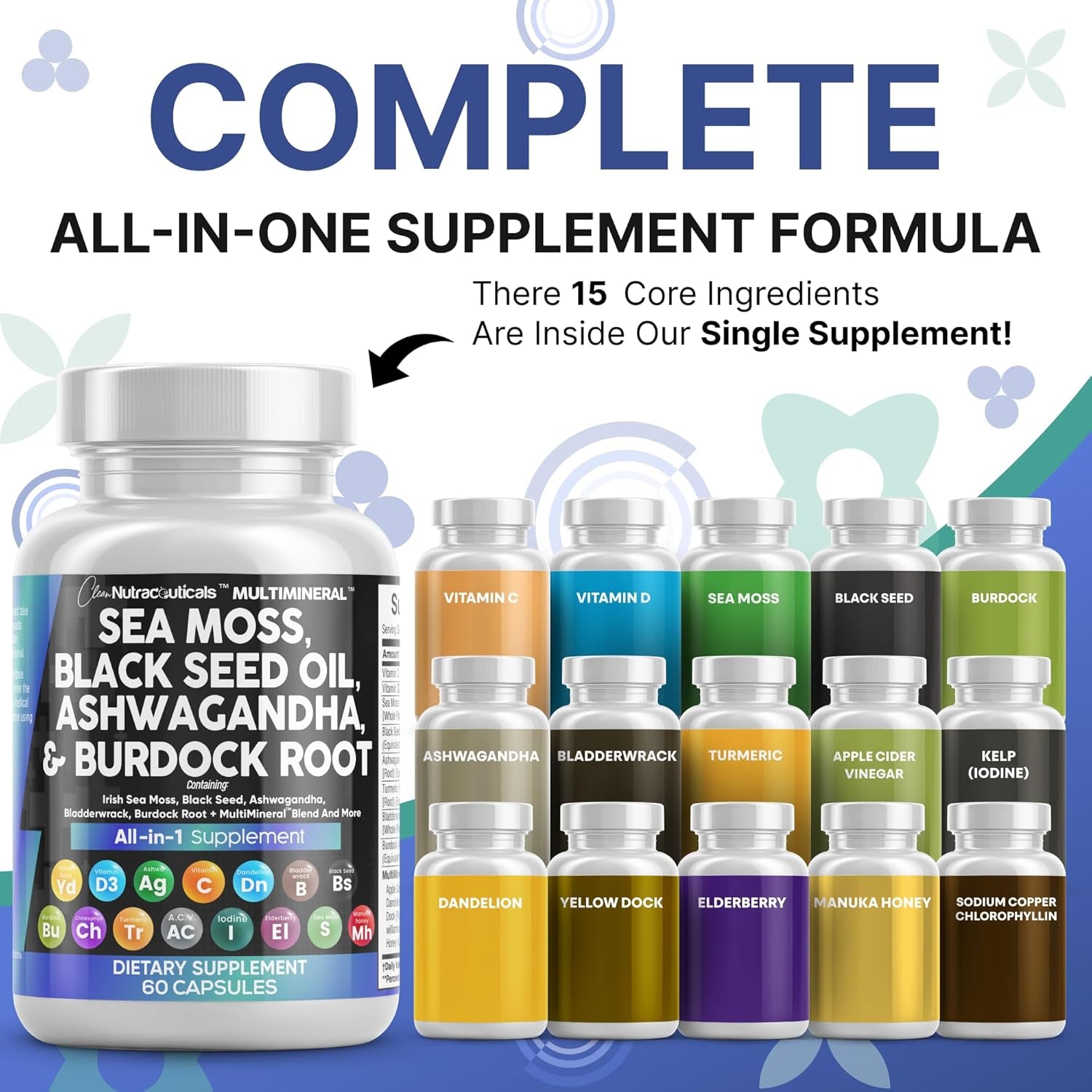 Sea Moss Black Seed Oil Ashwagandha Turmeric Bladderwrack Burdock & Vitamin C Vitamin D3 with Elderberry Manuka Dandelion Yellow Dock Iodine Chlorophyll ACV