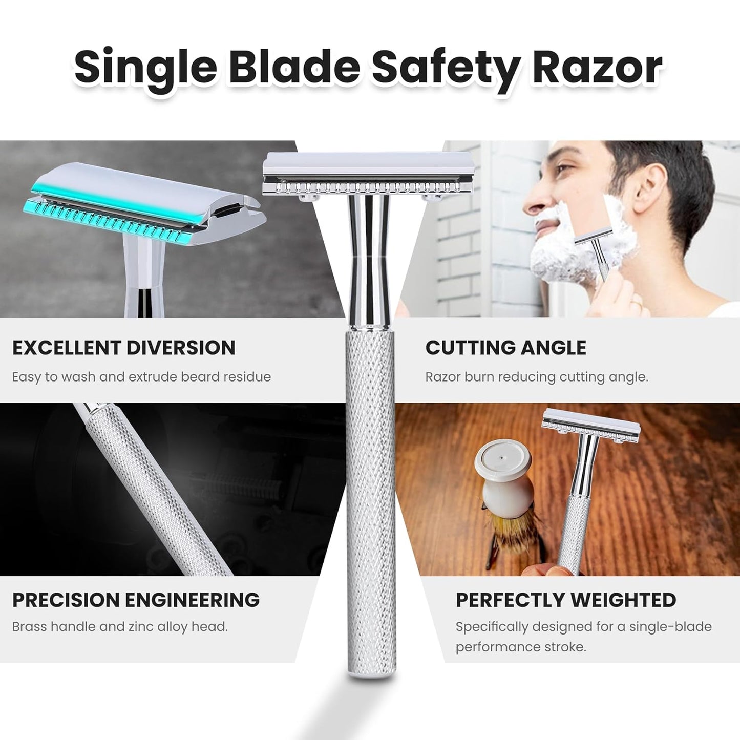 Double Edge Safety Razor with 10 Premium Stainless Steel Reusable Single Blade Razors for Men and Women, Smooth Wet Shave Experience, Glossy Silver
