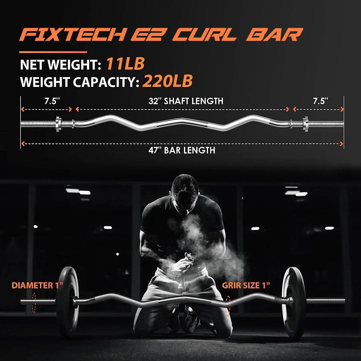 47'' Curl Bar with Collars for All Standard 1" Plates, 440-Pound Capacity, Silver