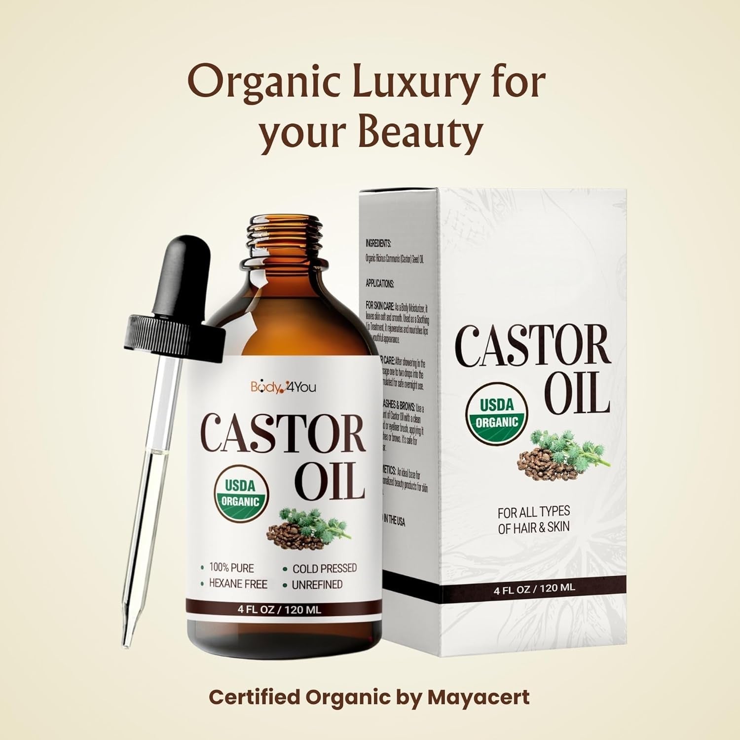 Organic Castor Oil (4Oz) - 100% Pure Natural Cold-Pressed Hexane-Free USDA Certified - Glass Bottle - Hair Growth Oil for Scalp Eyelashes Face Skin - Dry Skin Moisturizer Natural Hair Care