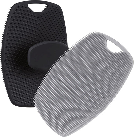 Food-Grade Silicone Body Scrubber, Highly Elastic Bristles Handheld Brush for Shower, Lather Well and Gentle Exfoliating, Makes Skin Smooth, for Women and Men, 2 Pack, Black and Gray