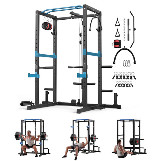 Power Cage, 1200Lbs Multi-Function Power Rack with Lat Pulldown and Pulley System and More Training Attachment, Weight Cage for Home Gym