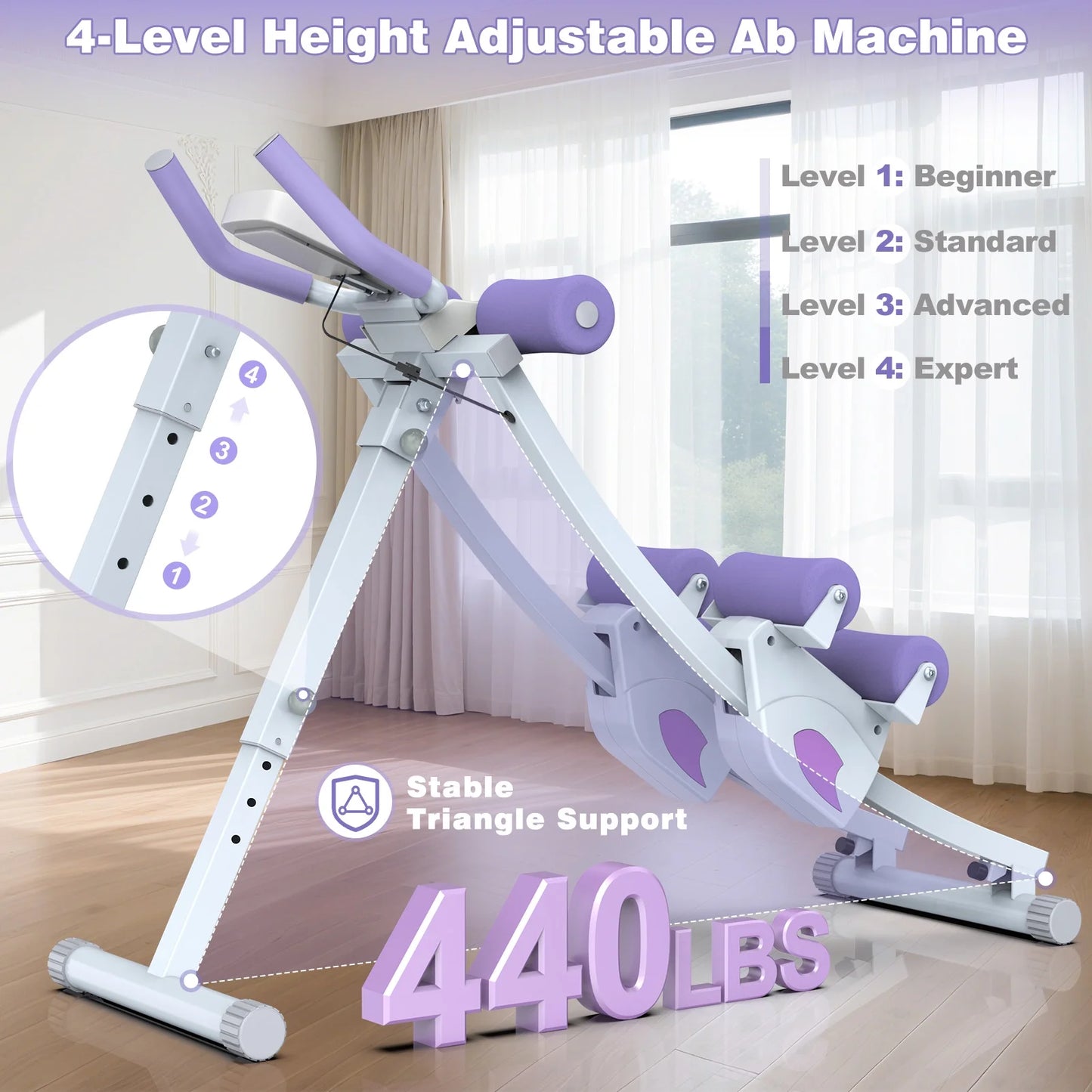 Fitness Ab Machine, 4 Adjustable Resistance Levels Ab Workout Equipment for Home Gym, Height Adjustable Ab Trainer, Foldable Fitness Equipment.440Lbs Weight Capacity