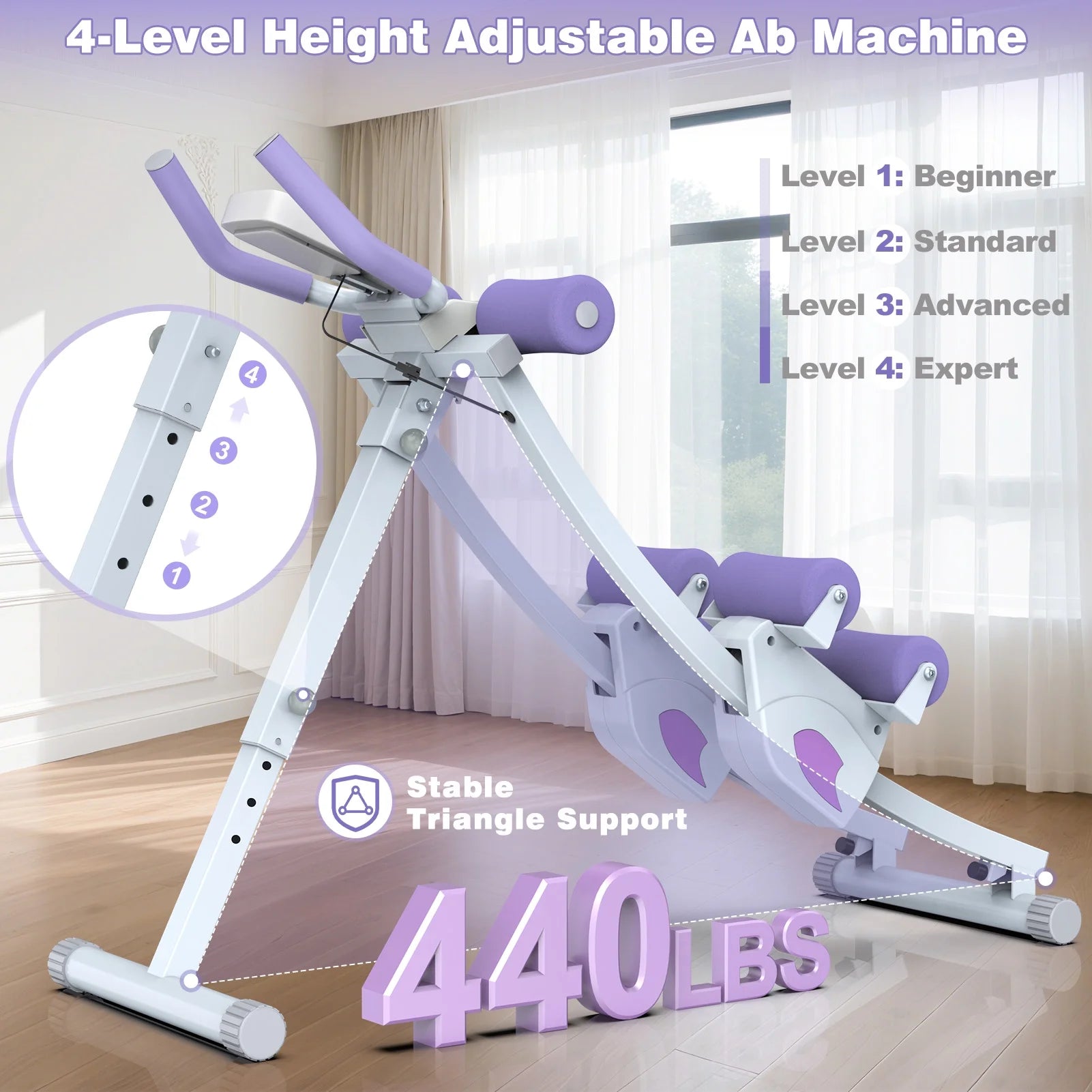 Fitness Ab Machine, 4 Adjustable Resistance Levels Ab Workout Equipment for Home Gym, Height Adjustable Ab Trainer, Foldable Fitness Equipment.440Lbs Weight Capacity