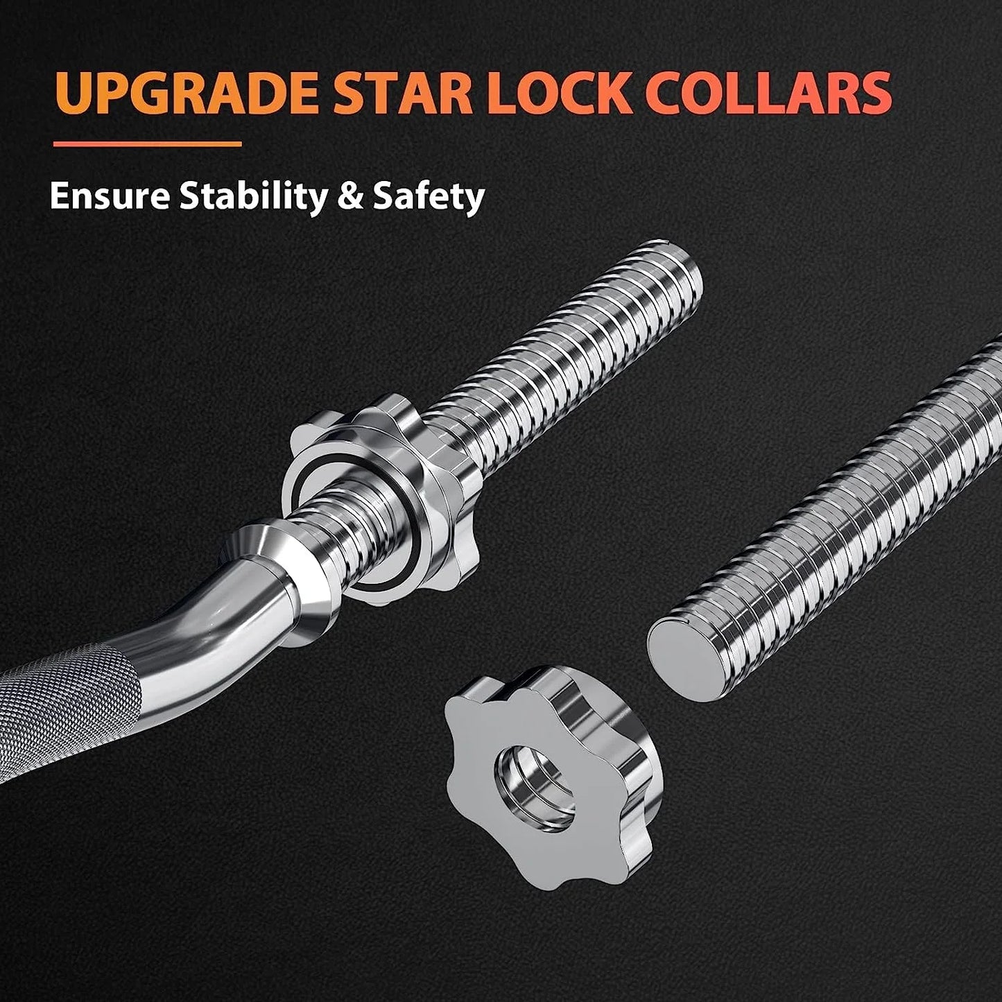 47'' Curl Bar with Collars for All Standard 1" Plates, 440-Pound Capacity, Silver