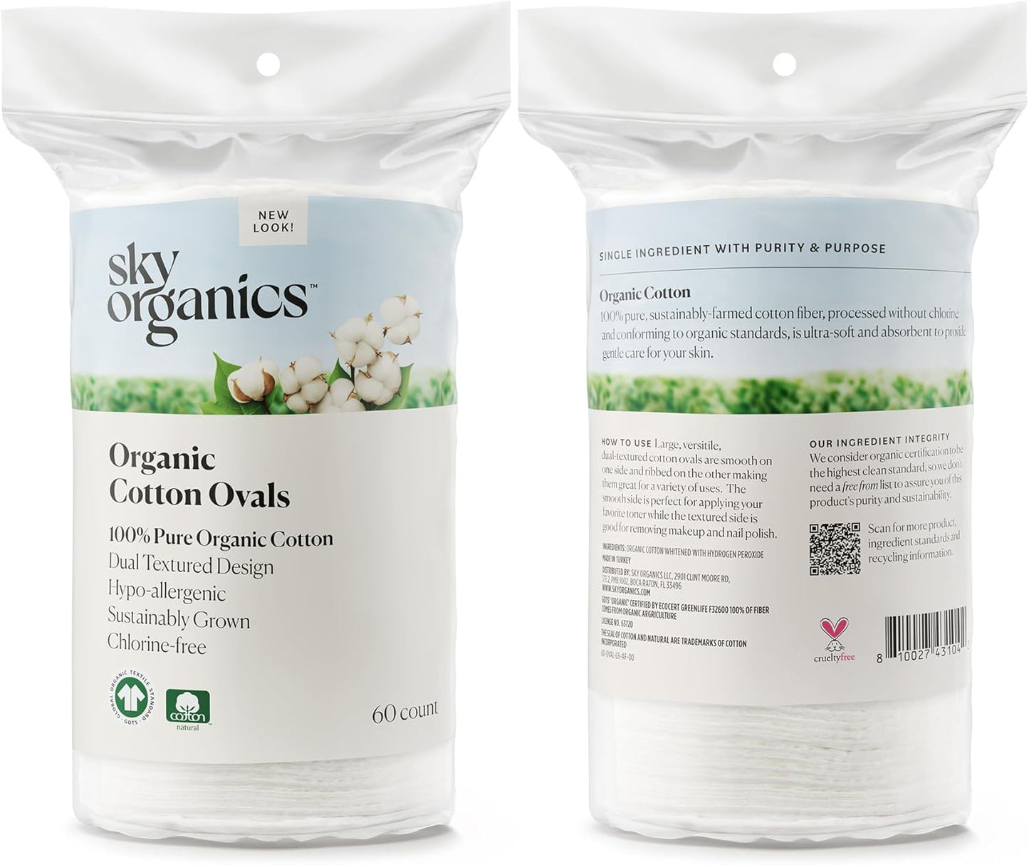 Organic Large Oval Cotton Pads, 100% Pure Organic Cotton, GOTS Certified Cotton, Dual Textured Design, for Makeup Removal, Cleansing, Toner Application W Ebook