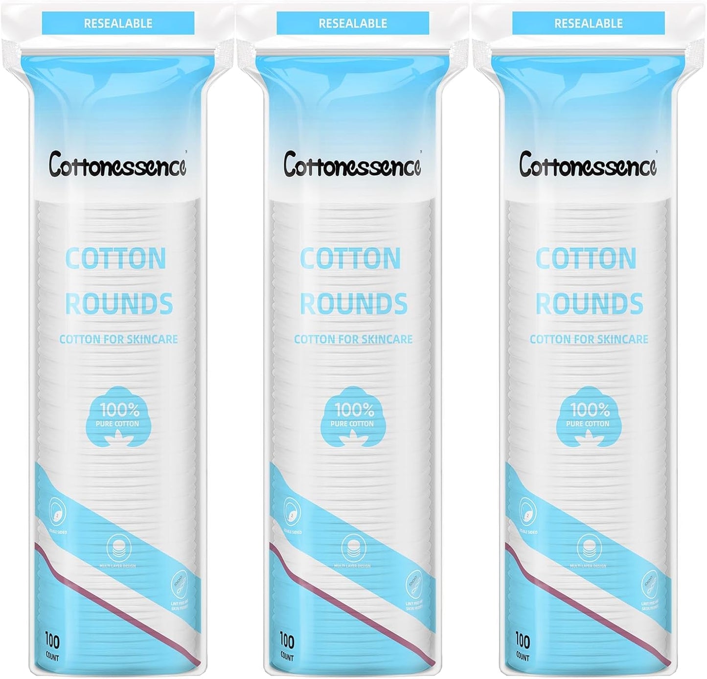 Cotton Rounds for Facial Cleansing and Nail Polish Removal - 100% Pure Cotton, Hypoallergenic Makeup Remover Pads, Lint-Free Multi-Layer Design (100 Count, Pack of 3)
