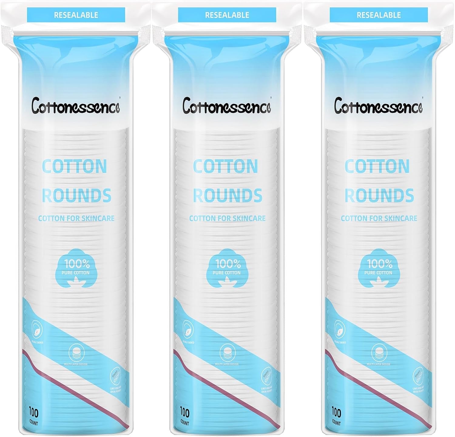 Cotton Rounds for Facial Cleansing and Nail Polish Removal - 100% Pure Cotton, Hypoallergenic Makeup Remover Pads, Lint-Free Multi-Layer Design (100 Count, Pack of 3)