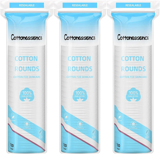 Cotton Rounds for Facial Cleansing and Nail Polish Removal - 100% Pure Cotton, Hypoallergenic Makeup Remover Pads, Lint-Free Multi-Layer Design (100 Count, Pack of 3)