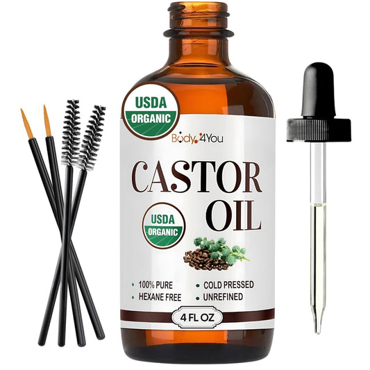 Organic Castor Oil (4Oz) - 100% Pure Natural Cold-Pressed Hexane-Free USDA Certified - Glass Bottle - Hair Growth Oil for Scalp Eyelashes Face Skin - Dry Skin Moisturizer Natural Hair Care