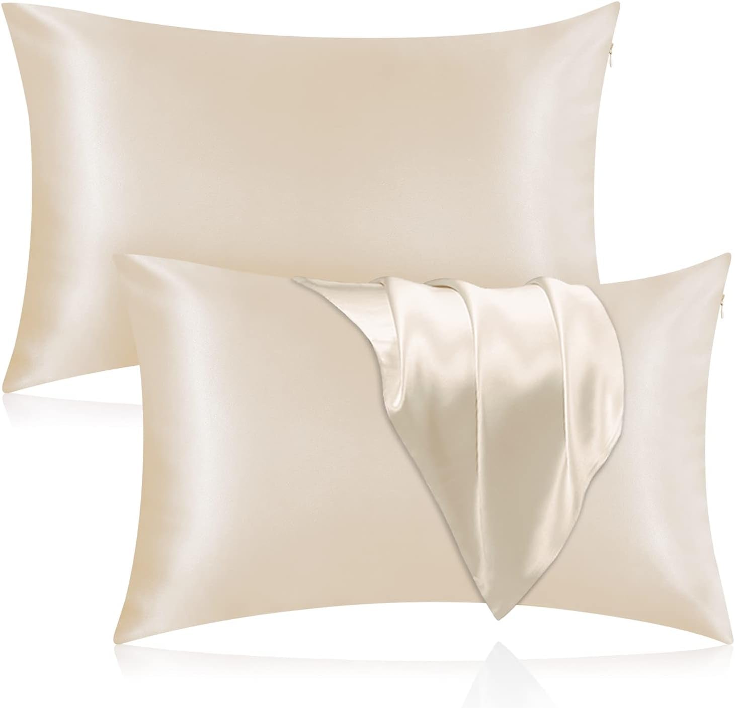 Silk Pillowcase for Hair and Skin, 2 Pack 100% Mulberry Silk Pillowcase 25 Momme, 600 Thread Count, Both Side Pure Silk Pillow Cover with Hidden Zipper (Beige, Standard 20''×26'')