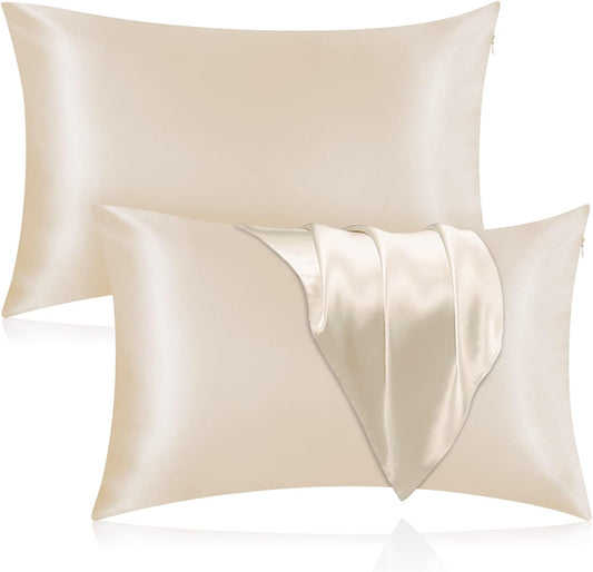 Silk Pillowcase for Hair and Skin, 2 Pack 100% Mulberry Silk Pillowcase 25 Momme, 600 Thread Count, Both Side Pure Silk Pillow Cover with Hidden Zipper (Beige, Standard 20''×26'')