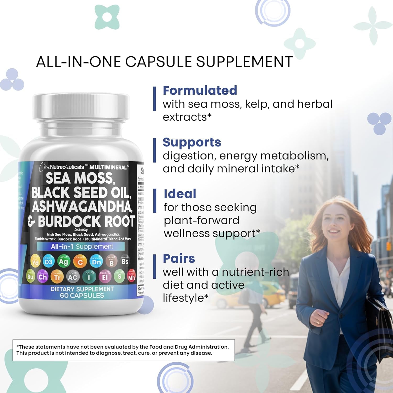 Sea Moss Black Seed Oil Ashwagandha Turmeric Bladderwrack Burdock & Vitamin C Vitamin D3 with Elderberry Manuka Dandelion Yellow Dock Iodine Chlorophyll ACV