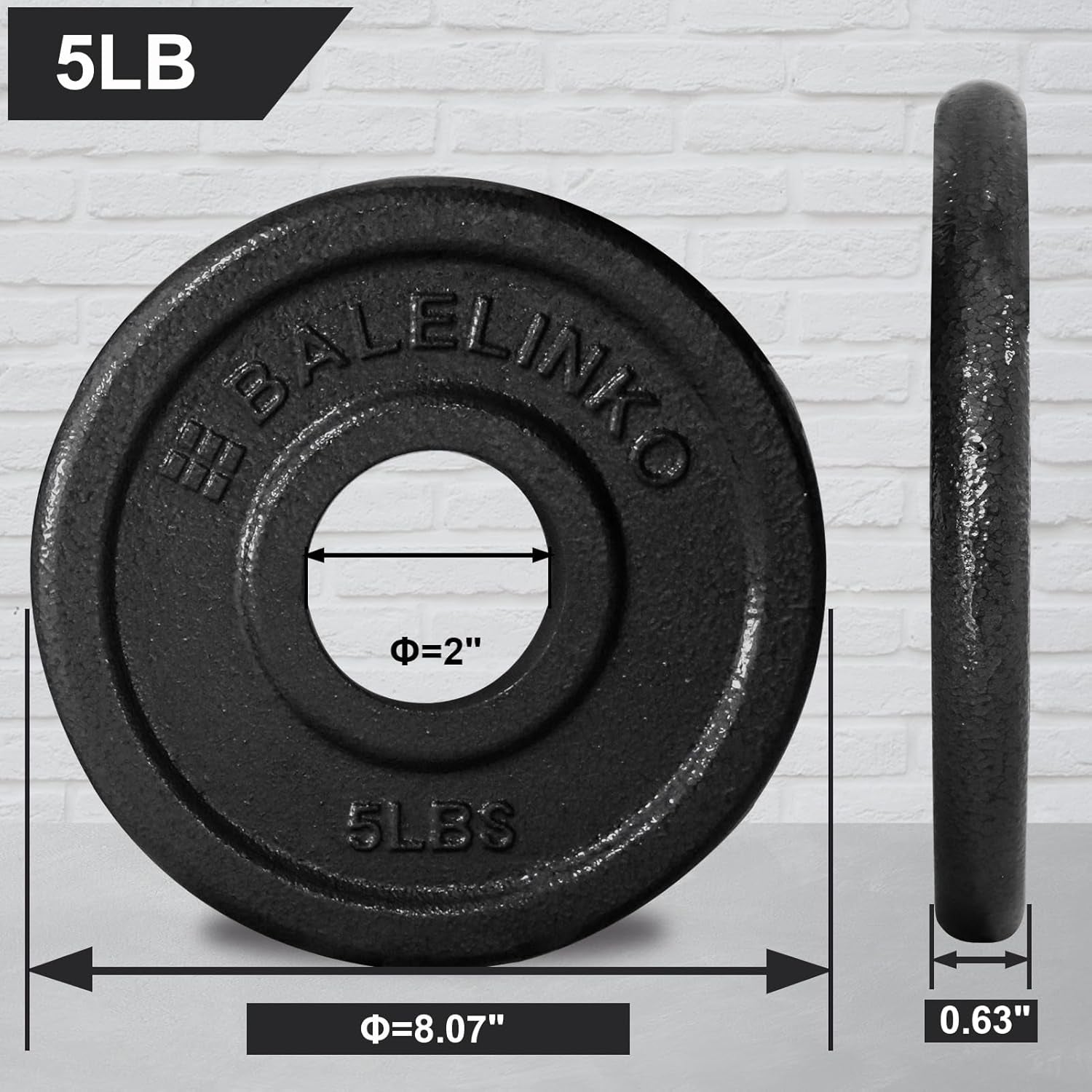 Cast Iron 2-Inch Olympic Grip Plate Weight Plate for Strength Training, Weightlifting and Crossfit, Set of 2, 5LB, Black