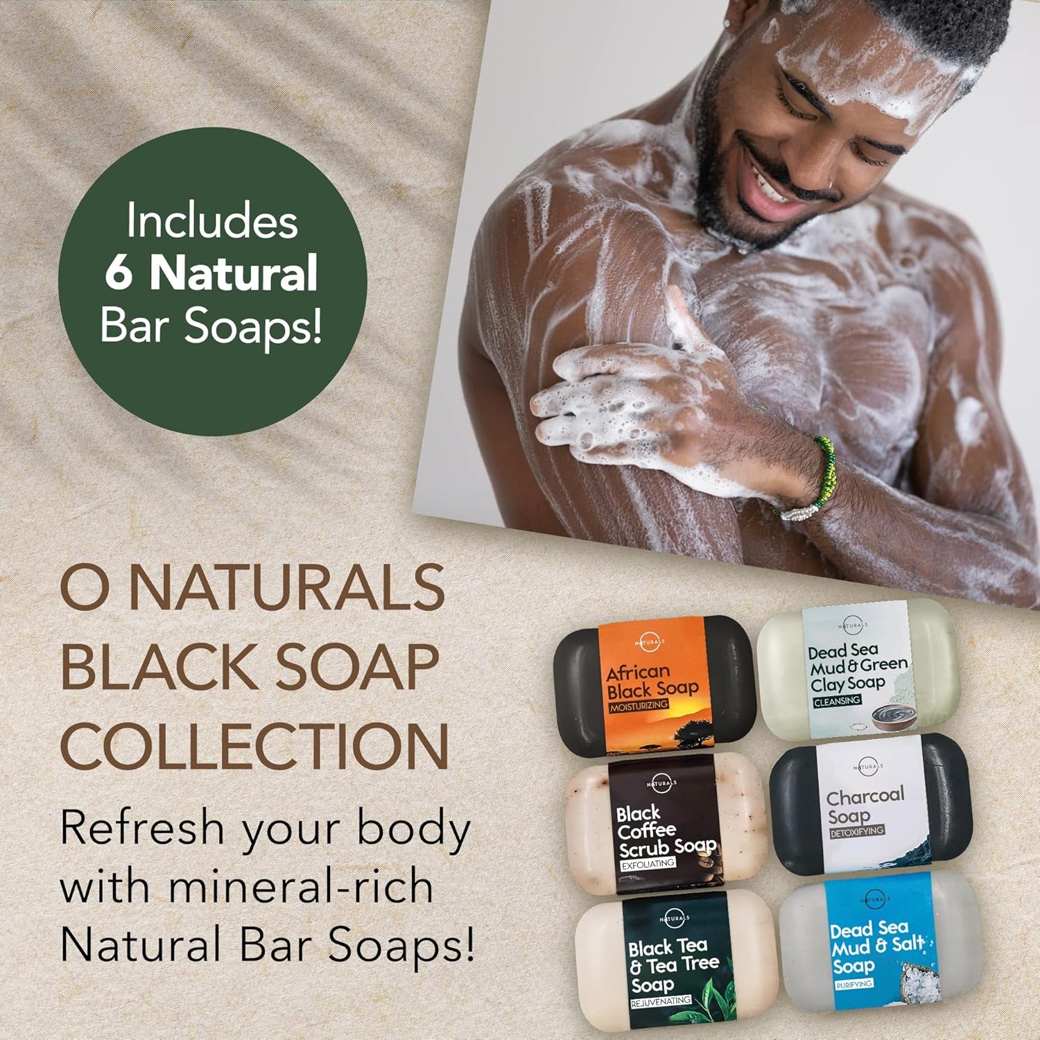 100% Natural Bar Soap - Gift Set - Organic Ingredients & Essential Oils - Spa Gifts for Women & Men, Body Wash & Face Soap - 6PC Black Soap Collection