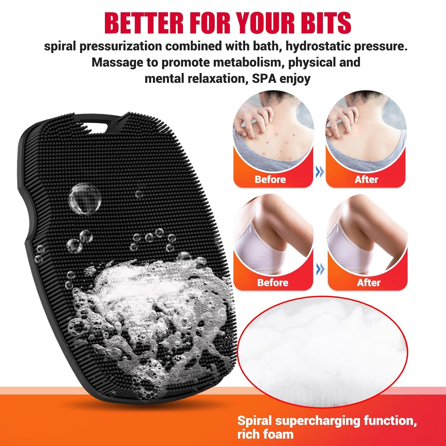 Silicone Body Scrubber anti Slip for Shower - Zinc Infused Highly Elastic Bristles Exfoliating Body Scrubber for Gym Shower,Hygienic,Blood Circulation - Black