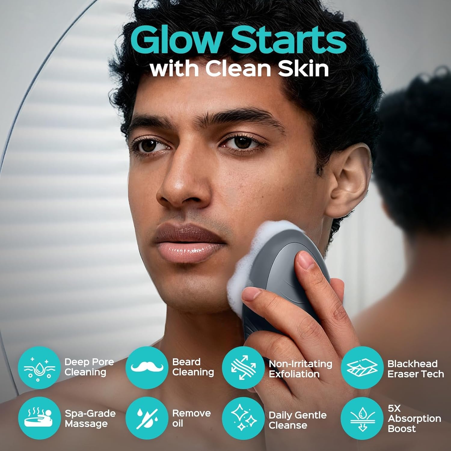 Silicone Face Scrubber for Men: 5 Cleansing Modes Facial Cleansing Brush for Beard Care, Sensitive Skin - Deep Cleansing​ & Gentle Exfoliating, Waterproof Portable for Shower & Travel, Grey