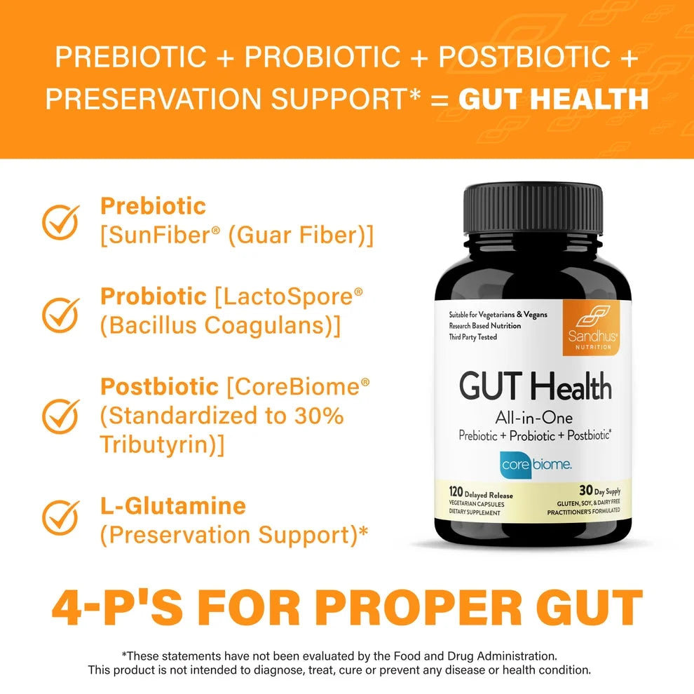 Gut Health Supplement, with Prebiotics + Probiotics + Postbiotic + L-Glutamine, 120 Ct