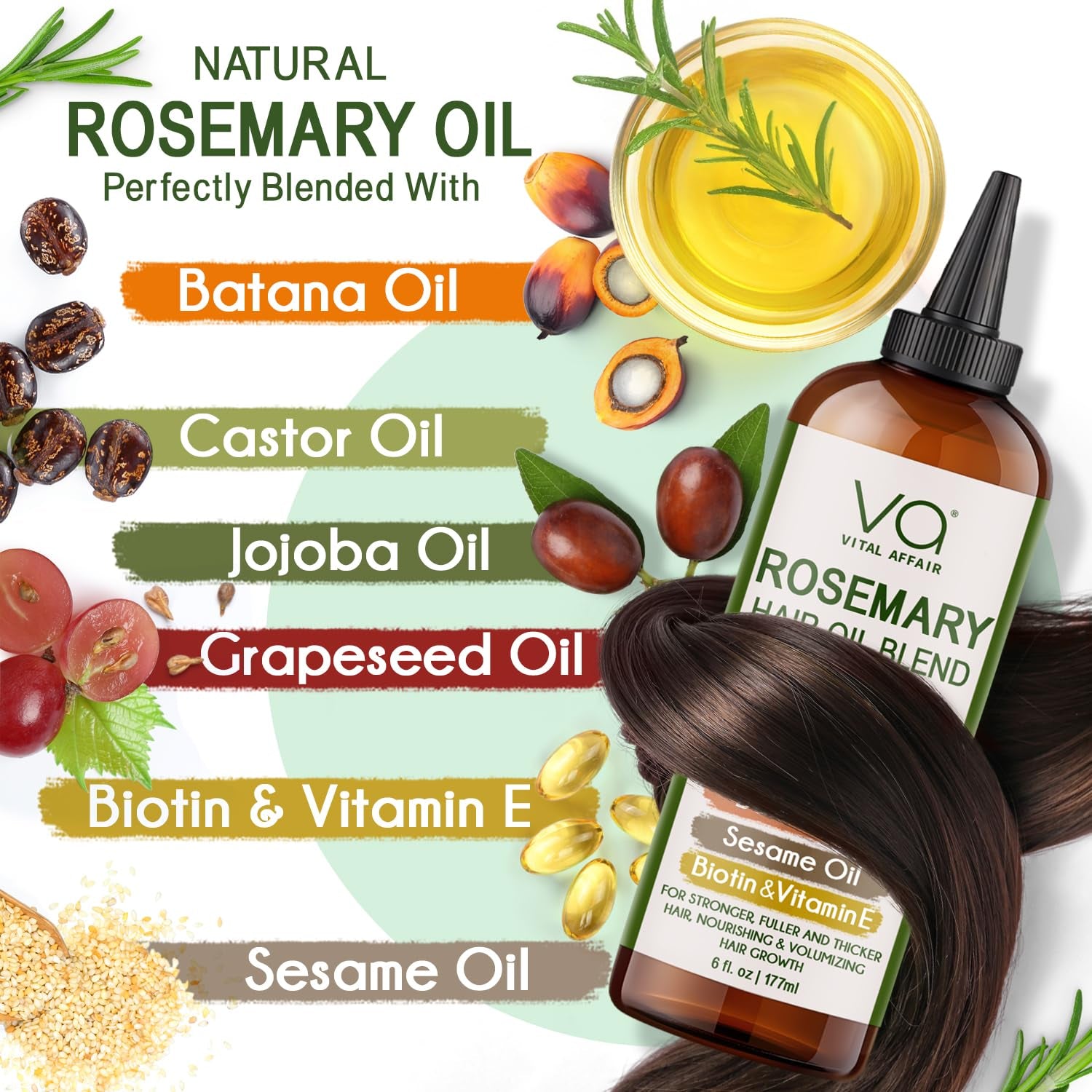 Blend of Pure Rosemary Oil for Hair Growth with Castor, Batana, Jojoba Oil-Infused with Biotin & Vitamin E-Blend of Effective Hair Oils for Hair Growth-Strengthening Treatment 6 Fl Oz