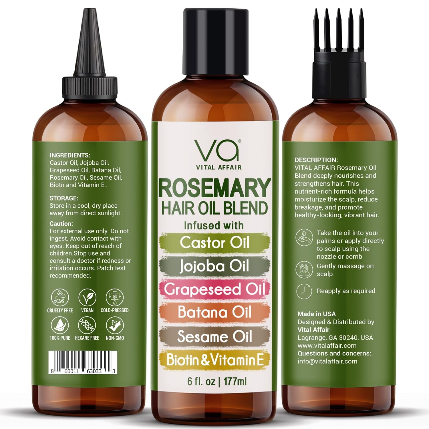 Blend of Pure Rosemary Oil for Hair Growth with Castor, Batana, Jojoba Oil-Infused with Biotin & Vitamin E-Blend of Effective Hair Oils for Hair Growth-Strengthening Treatment 6 Fl Oz
