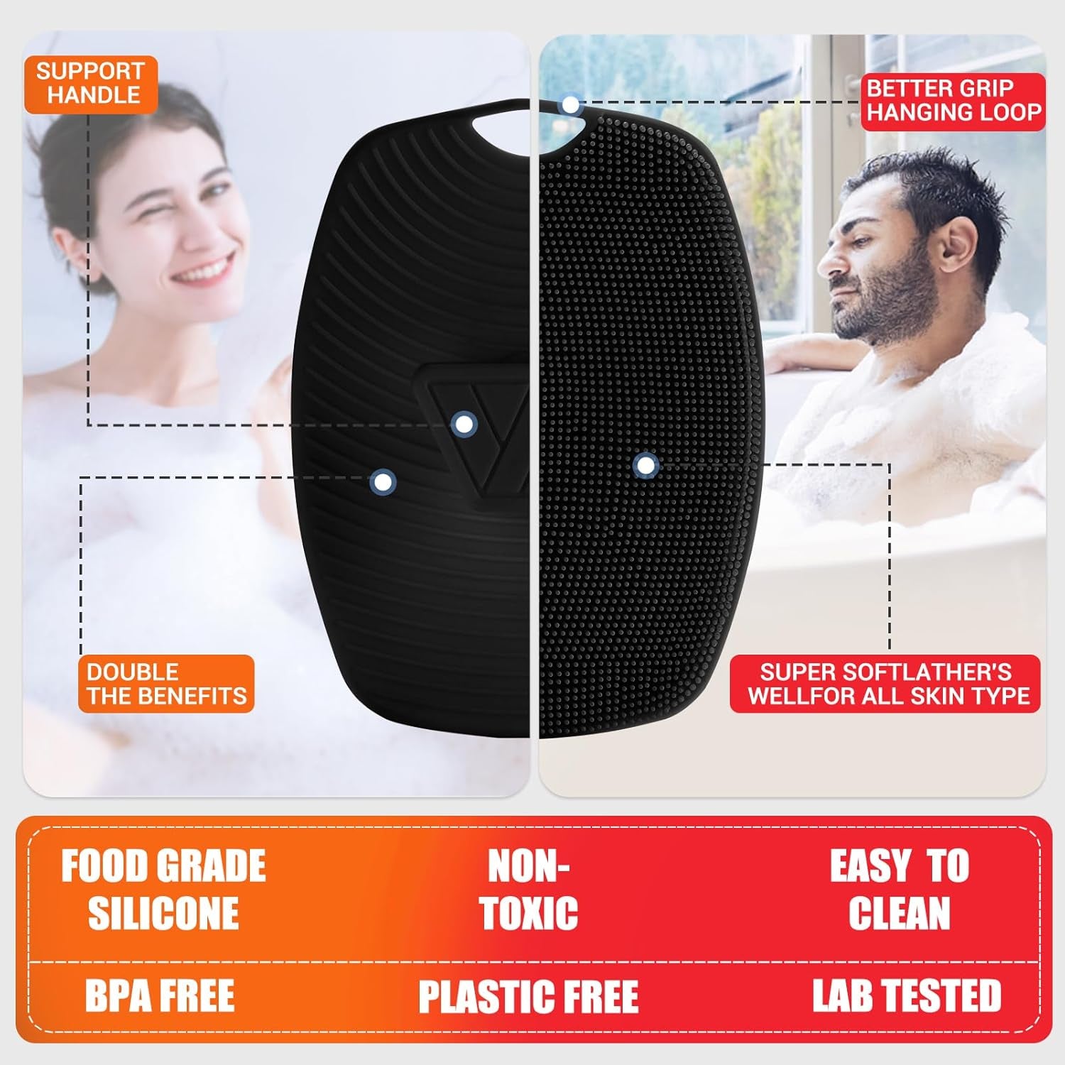 Silicone Body Scrubber anti Slip for Shower - Zinc Infused Highly Elastic Bristles Exfoliating Body Scrubber for Gym Shower,Hygienic,Blood Circulation - Black