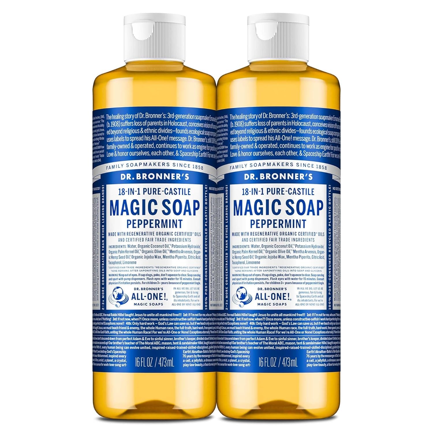 Magic Soap-Pure-Castile Liquid Soap (Peppermint, 16 Ounce, 2-Pack)-Regenerative Organic Certified Oils, 18-In-1 Uses: Body, Hair, Laundry, Pets & Dishes, Concentrated, Vegan, Non-Gmo