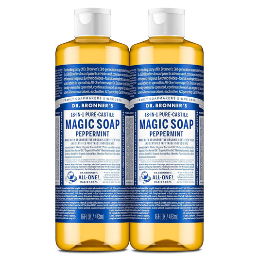 Magic Soap-Pure-Castile Liquid Soap (Peppermint, 16 Ounce, 2-Pack)-Regenerative Organic Certified Oils, 18-In-1 Uses: Body, Hair, Laundry, Pets & Dishes, Concentrated, Vegan, Non-Gmo