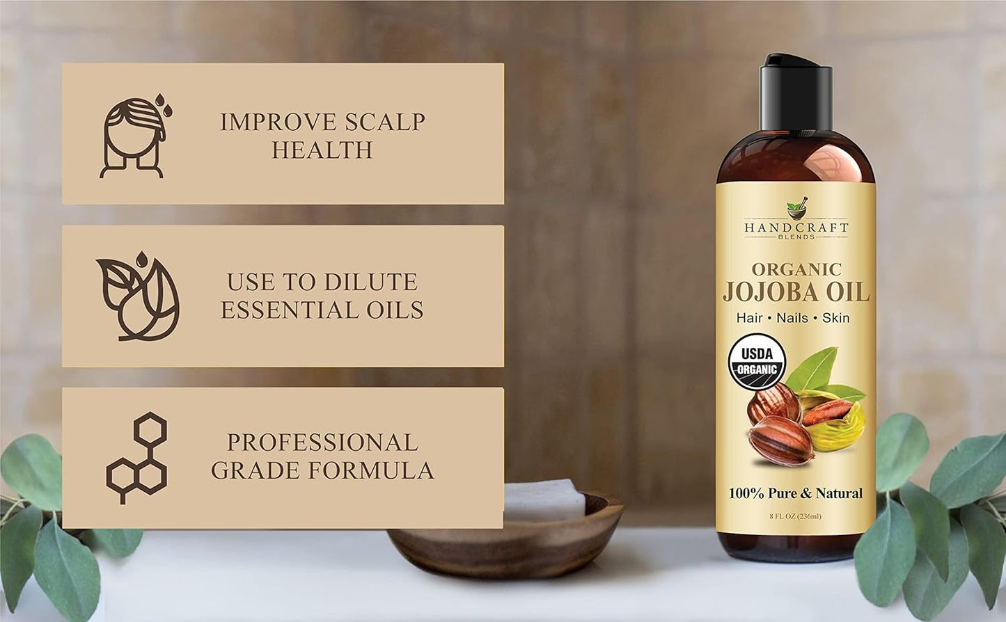 USDA Organic Jojoba Oil | Cold-Pressed | 8 Fl Oz | 100% Pure & Natural | for Hair, Skin & Face | Premium Grade Carrier Oil | for Massage & Aromatherapy | Hexane-Free
