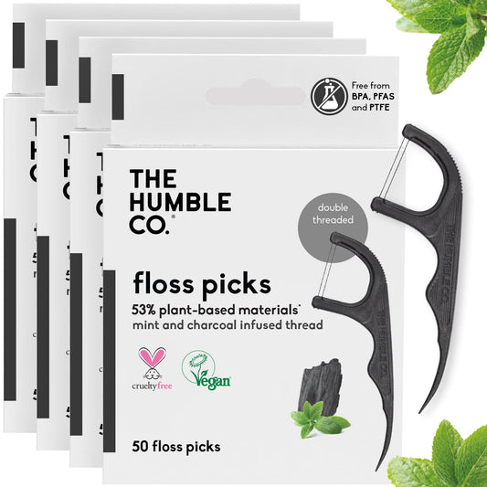 Floss Picks (200 Count) – Plant Based Dental Floss Picks for Superior Oral Care, Dental Hygiene, and Gum Health, Cruelty Free Tooth Floss Picks (Charcoal, Double Thread)
