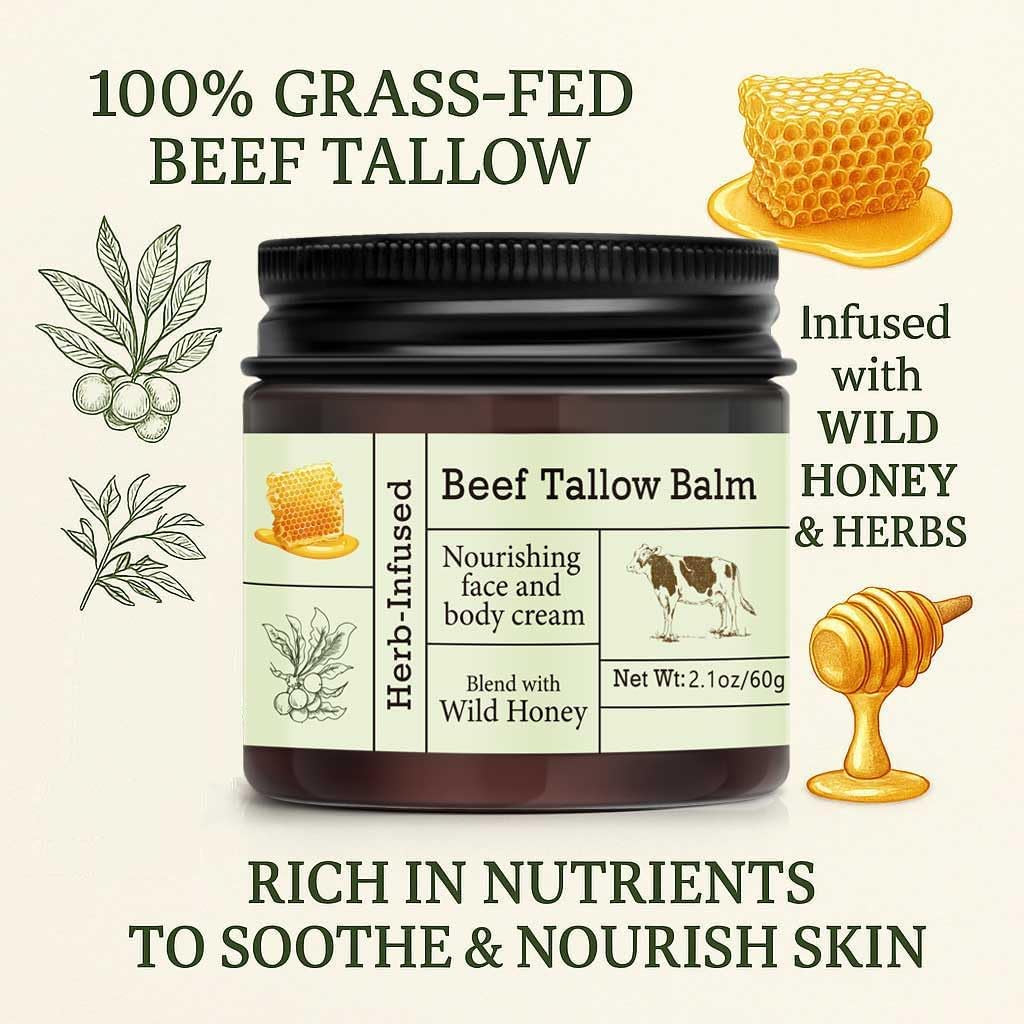 Beef Tallow for Skin - Organic Grass-Fed Whipped Beef Tallow and Honey Balm - Deeply Moisturizing for Face & Body - Natural Skin Care for Soft, Supple Skin