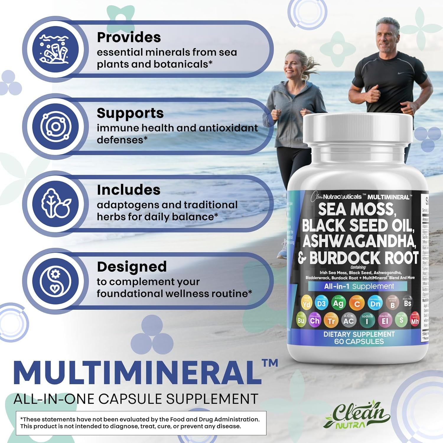 Sea Moss Black Seed Oil Ashwagandha Turmeric Bladderwrack Burdock & Vitamin C Vitamin D3 with Elderberry Manuka Dandelion Yellow Dock Iodine Chlorophyll ACV