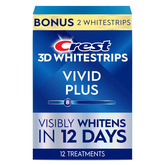 3D Whitestrips Vivid Plus, Teeth Whitening Strip Kit, 10 Treatments + 2 Bonus Treatments (Each with 1 Upper/1 Lower Strip), 24 Strips, 8 Levels Whiter, Teeth Whitening Kit