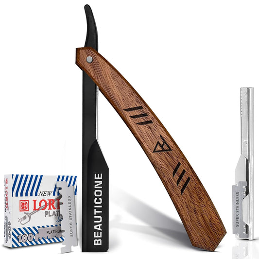 Straight Razors for Men, Straight Edge Razor with 100 Single Edge Blades, Stainless Steel, Barber Razor for Men'S Shaving, Barber Shaving Knife, Wooden Handle, Slide-Out