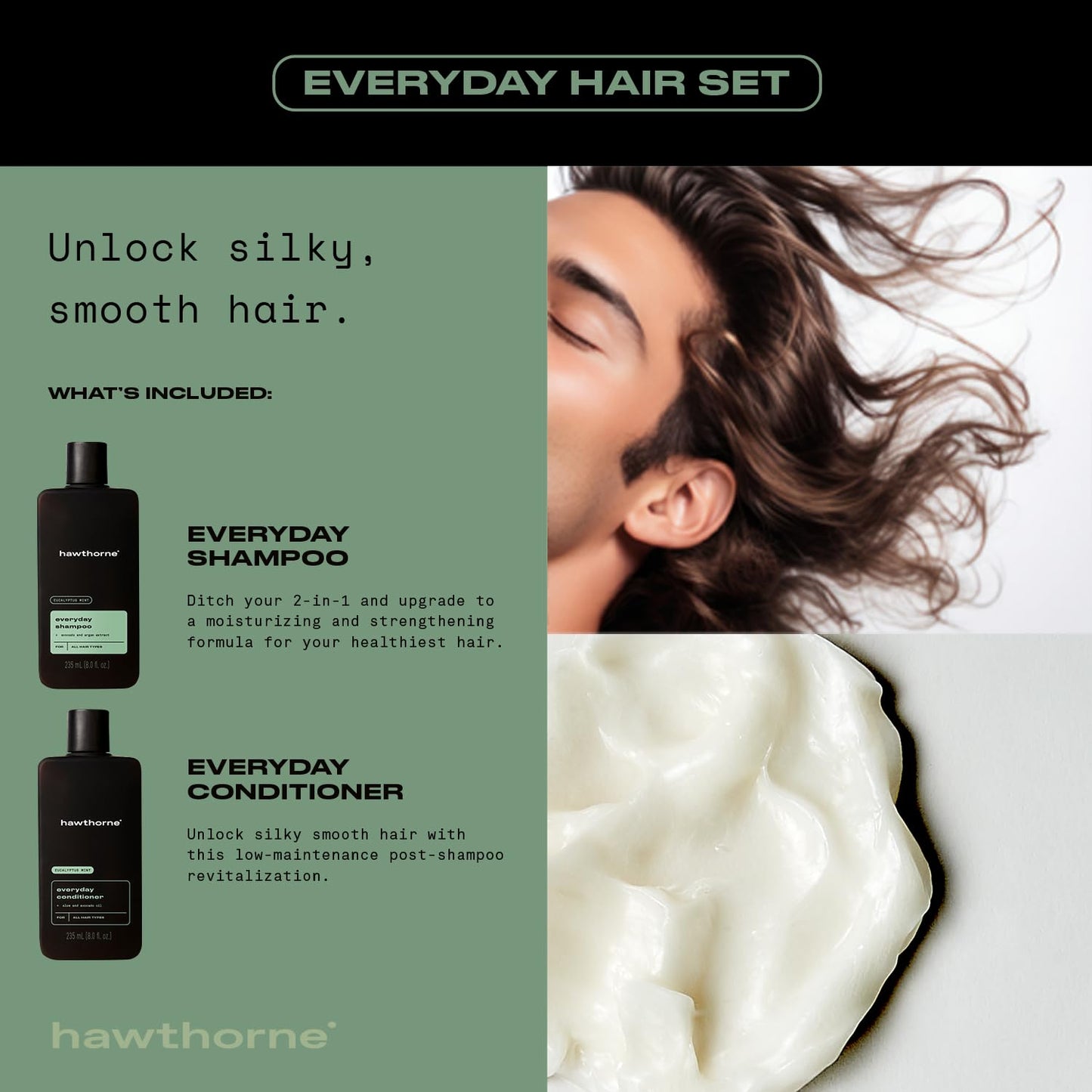 Men'S Everyday Shampoo and Conditioner Set. Sulfate Free Shampoo and Conditioner with Pure Avocado Oil and Coconut Oil for Stronger, Healthier Hair. Mint and Eucalyptus Scent. 8 Fl. Oz Each.
