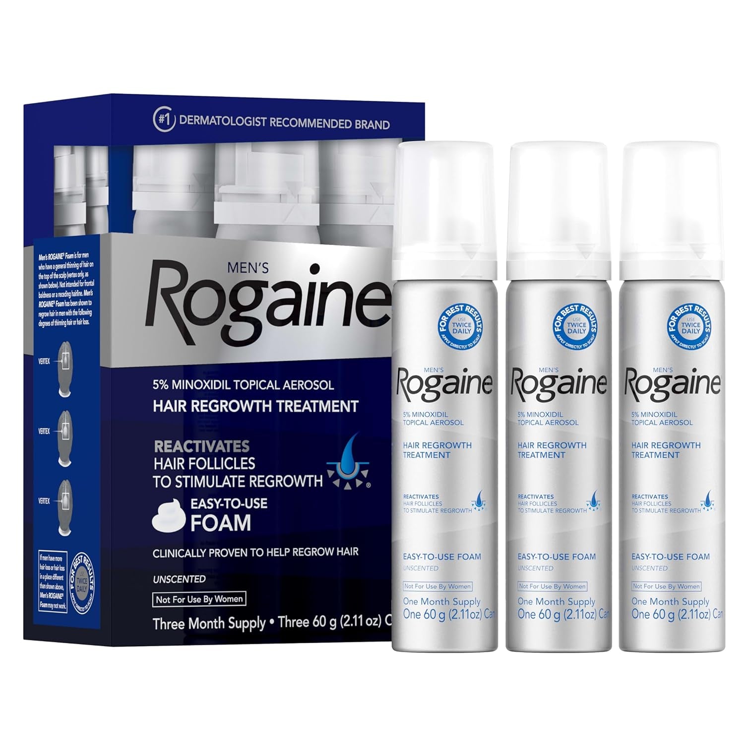 Men’S  5% Minoxidil for Men Foam, Clinically Proven Regrowth for Thinning Hair, Topical Hair Loss Treatment, Unscented Topical Aerosol, Results in 8–16 Weeks, 3-Month Supply, 3 X 2.11 Oz