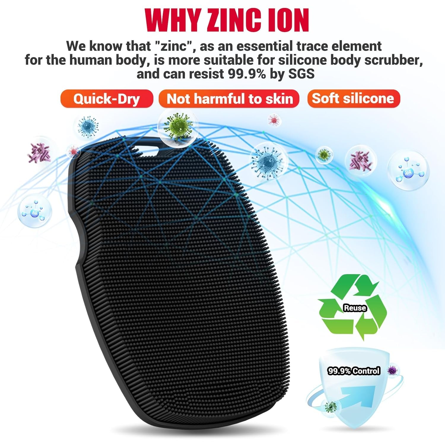Silicone Body Scrubber anti Slip for Shower - Zinc Infused Highly Elastic Bristles Exfoliating Body Scrubber for Gym Shower,Hygienic,Blood Circulation - Black