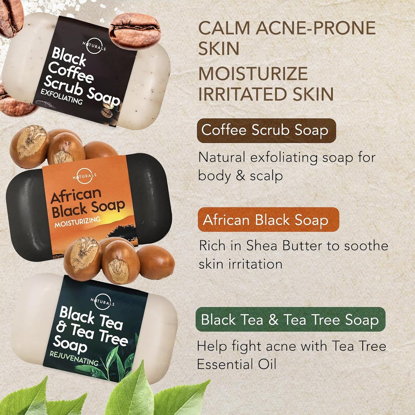 100% Natural Bar Soap - Gift Set - Organic Ingredients & Essential Oils - Spa Gifts for Women & Men, Body Wash & Face Soap - 6PC Black Soap Collection