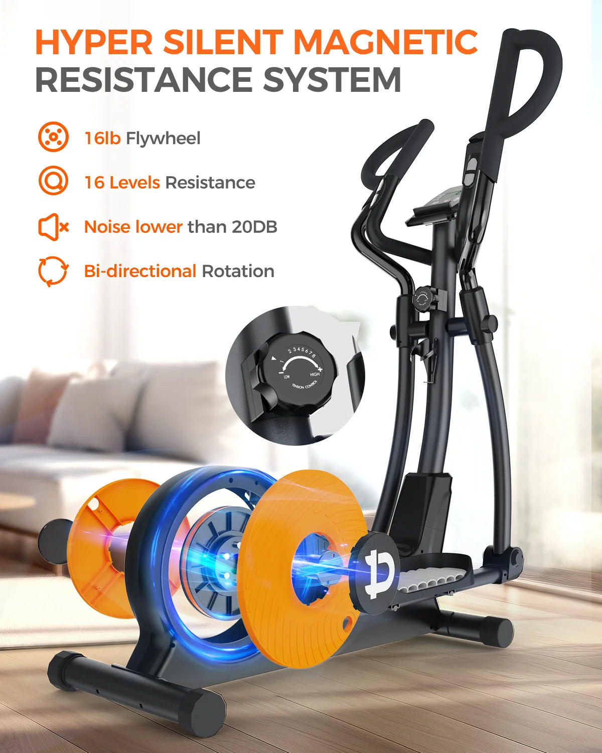 Build-In Bluetooth Silent Magnetic Elliptical Exercise Bike for Home Elliptical Training Machines 450Lbs Nearlly Fully Assembled with 17 Stride Length