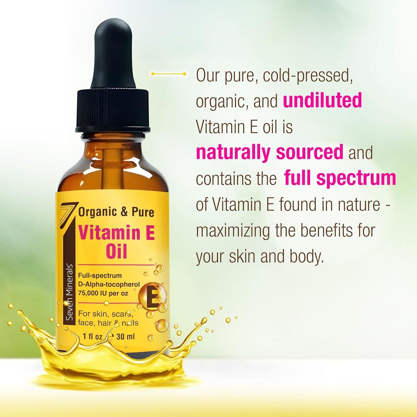 Ultra Pure Vitamin E Oil - 75,000 I.U. Full-Spectrum D-Alpha Tocopherol, 1 Fl Oz - 100% Organic Vitamin E Oil for Skin, Face, Hair, and Scars - Naturally Occurring = Not Synthetic