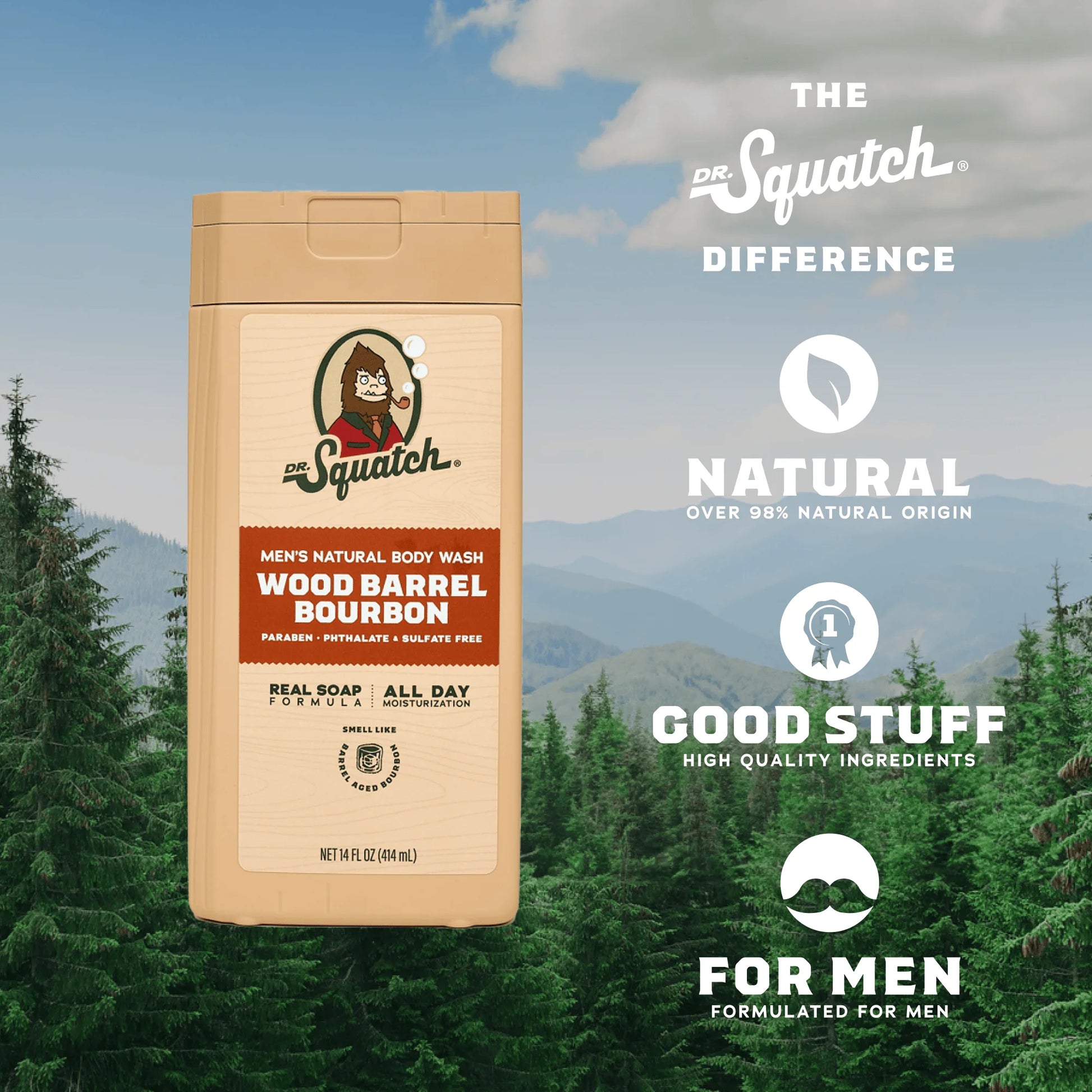 Wood Barrel Bourbon Natural Body Wash for Men, 14 Fl Oz