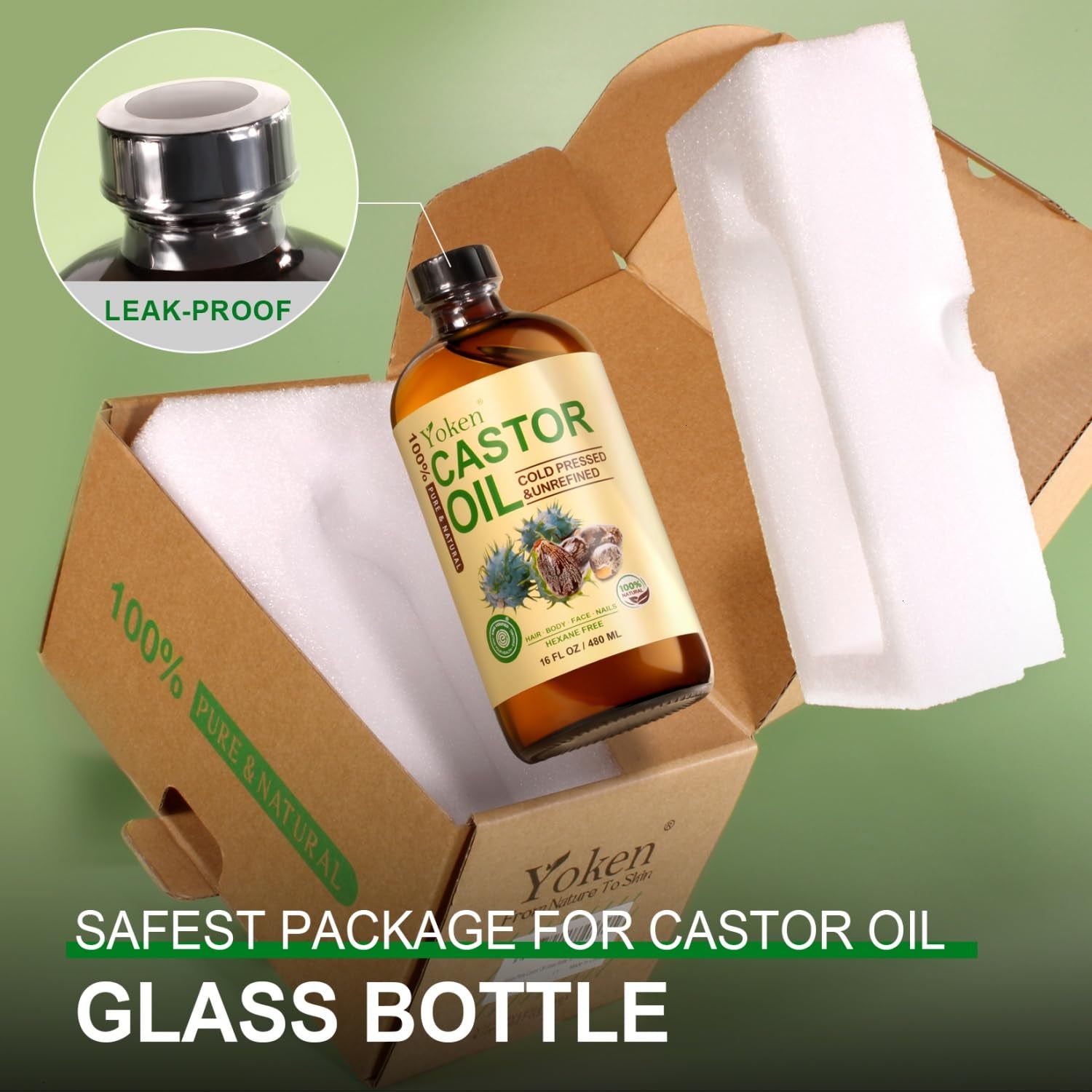 EWG Verified Castor Oil Glass Bottle 16 Fl Oz 100% Pure Natural Cold Pressed Castor Oil for Face, Body, Hair, Eyelash, Skin - Hexane Free, Unrefined, Virgin, Rich Fatty Acid for Caster Pack Wrap