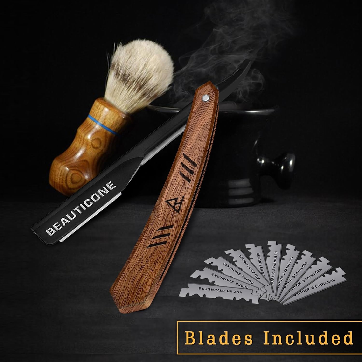 Straight Razors for Men, Straight Edge Razor with 100 Single Edge Blades, Stainless Steel, Barber Razor for Men'S Shaving, Barber Shaving Knife, Wooden Handle, Slide-Out