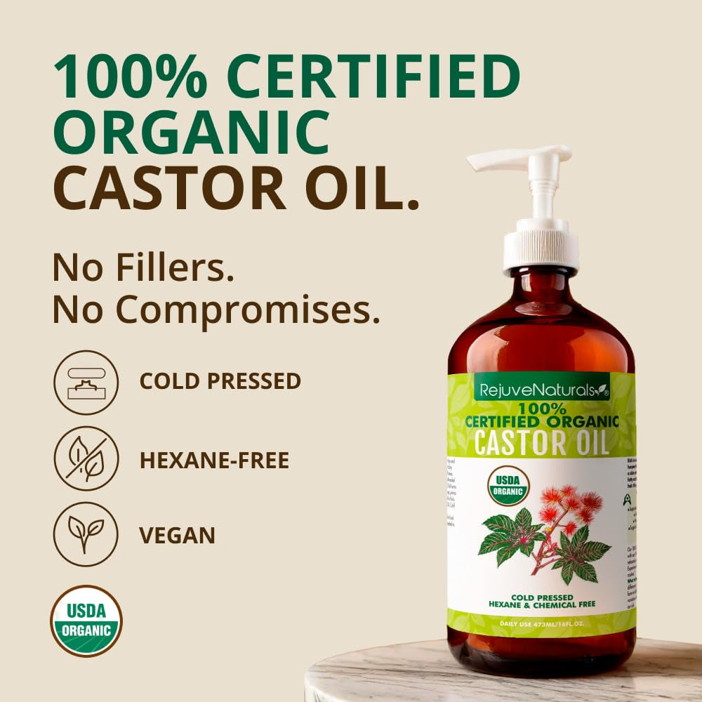 Castor Oil (16Oz Glass Bottle) USDA Certified Organic, 100% Pure, Cold Pressed, Hexane Free. Boost Hair Growth for Thicker, Fuller Hair, Lashes & Eyebrows.