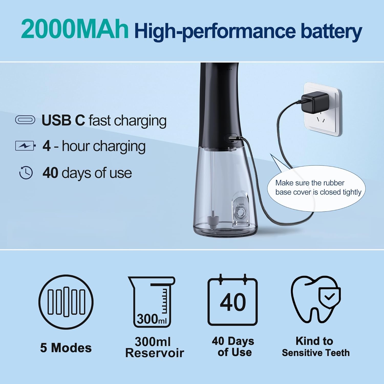 Water Dental Flosser OLED Display Cordless Teeth Cleaning  5 Modes Oral Irrigator 300ML Portable and USB C Rechargeable IPX7 Waterproof Floss Teeth Pick (Black)