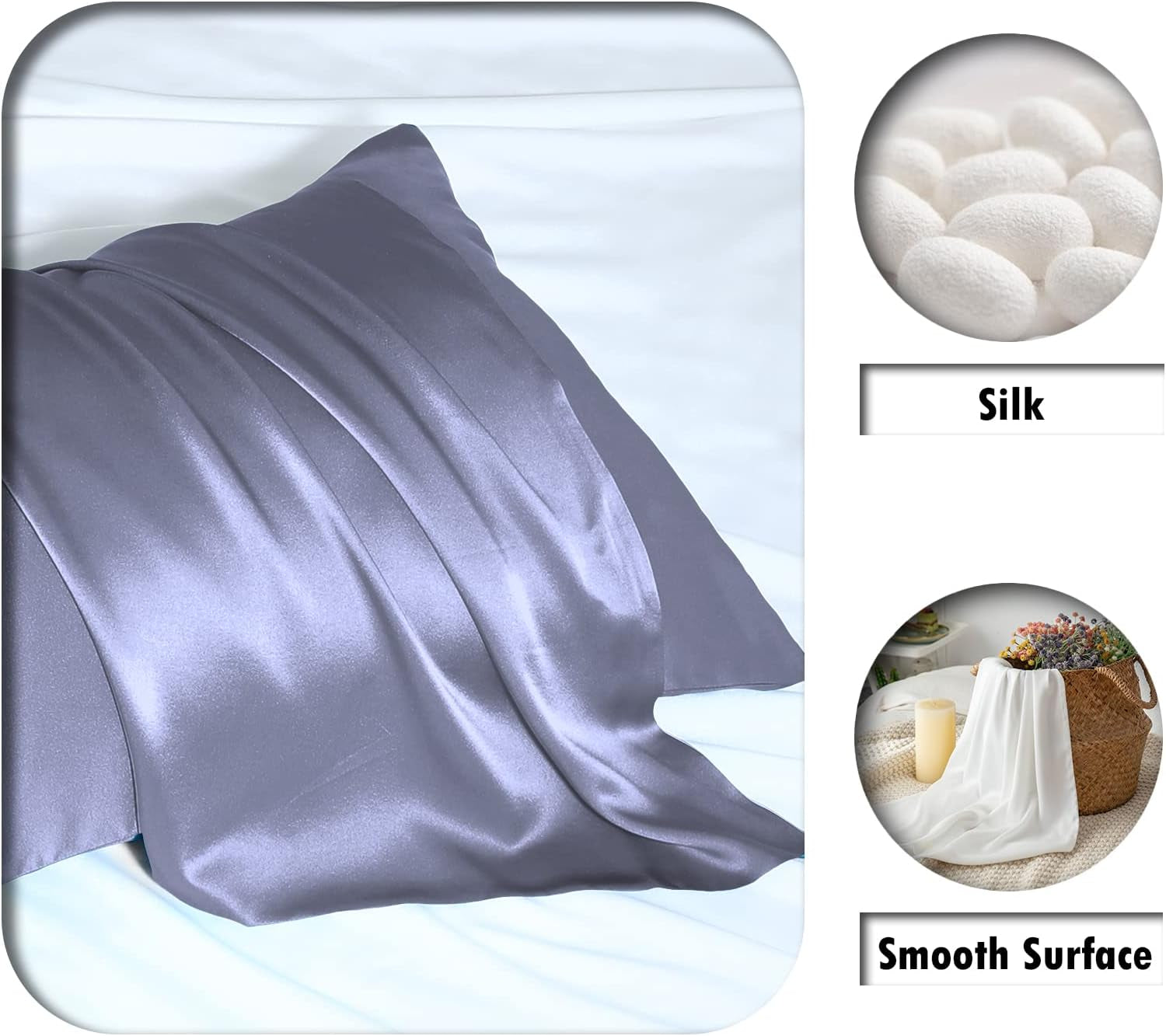 Natural Mulberry Silk Pillowcase for Hair and Skin Standard Size 20"X 26" with Hidden Zipper Soft Breathable Smooth Cooling Pillow Covers for Sleeping(Grayish Blue,1Pcs)