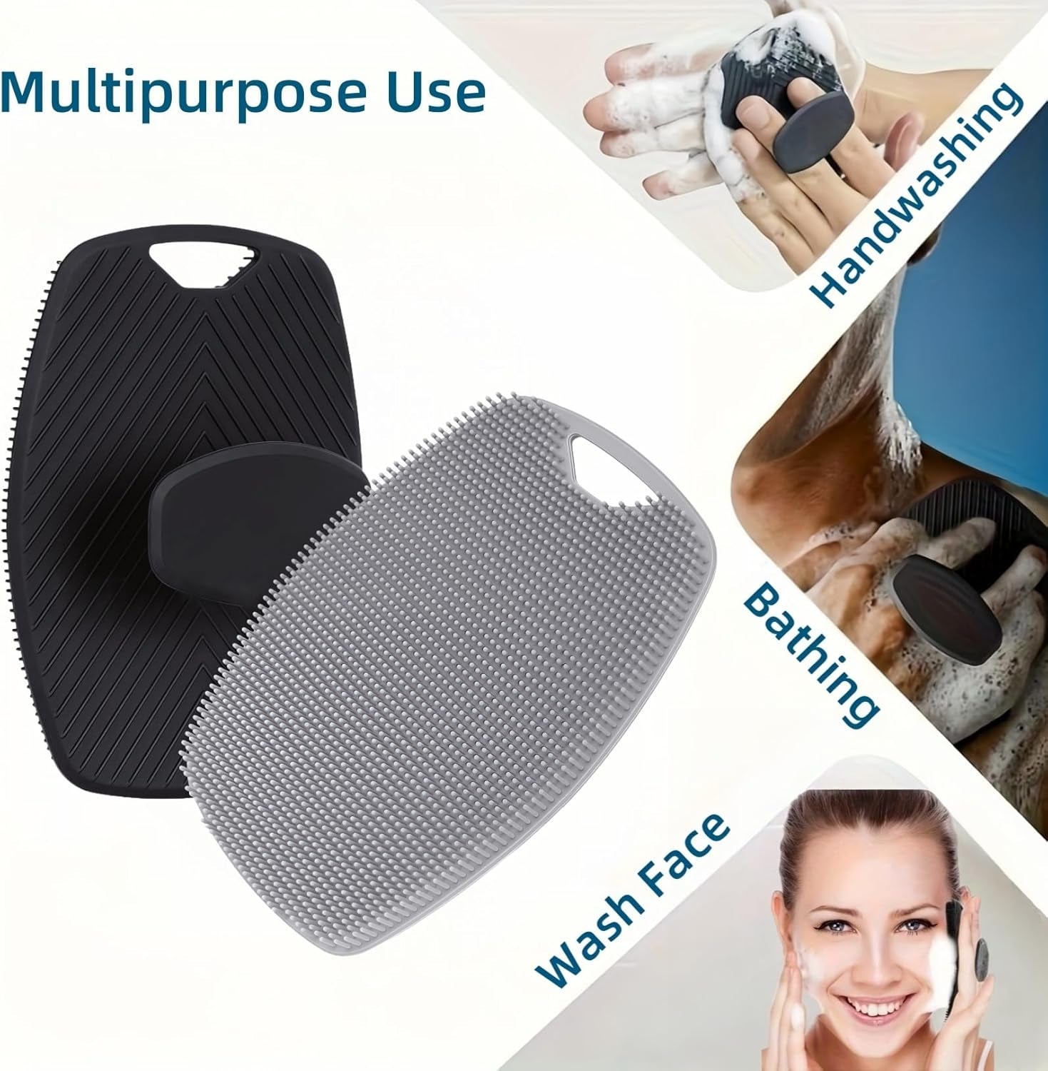 Food-Grade Silicone Body Scrubber, Highly Elastic Bristles Handheld Brush for Shower, Lather Well and Gentle Exfoliating, Makes Skin Smooth, for Women and Men, 2 Pack, Black and Gray